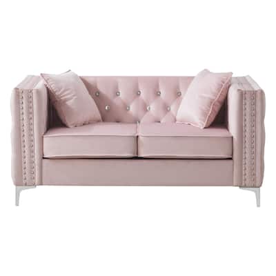 Jewel Tufted Nailhead Trim 2-Seater Sofa with Throw Pillows - 63" - Pink