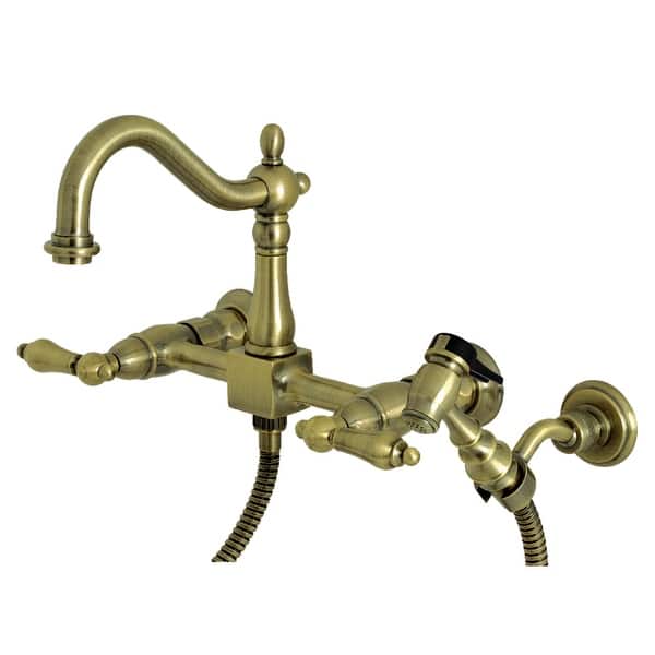 slide 2 of 22, Heritage Wall Mount Bridge Kitchen Faucet with Brass Sprayer