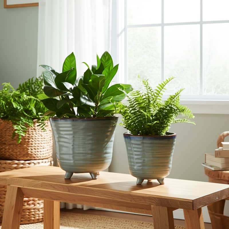 Stoneware Tripod Footed Planters Organic Rim Detail (Set of 2) - 7" x 7" x 6"