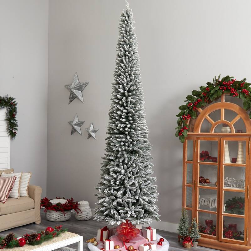 12 Ft Pencil Christmas Tree with Lights - Natural Beauty Artificial Tree, 1000 Clear Lights, Bendable Branches - Green - 144