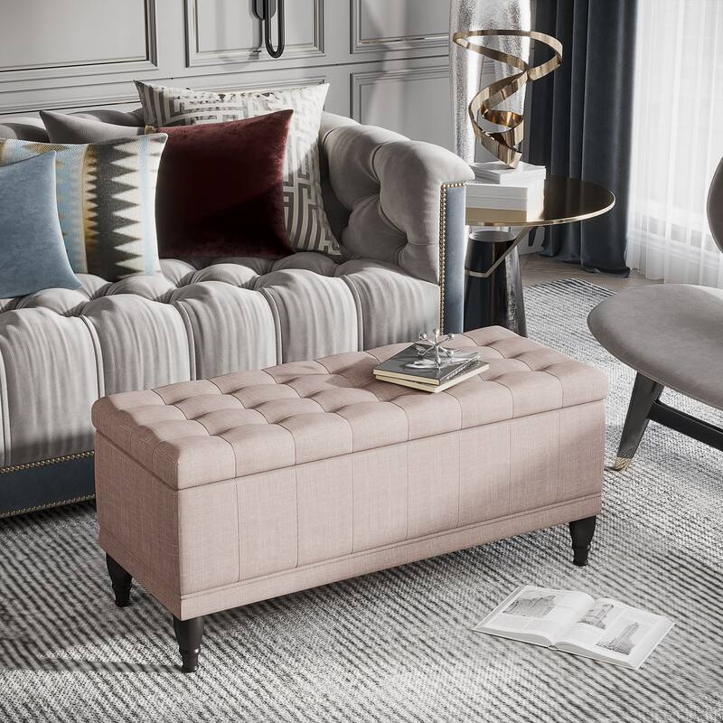 Linen Storage Bench with Soft Close Lid Upholstered Seat Hidden Compartment Hardwood Legs for Entryway or Bedroom