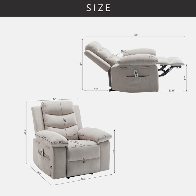 Ergonomic Electric Recliner Chair Velvet Single Sofa Recliner Chair with 8 Point Vibration Massage, Heating and Side Pocket