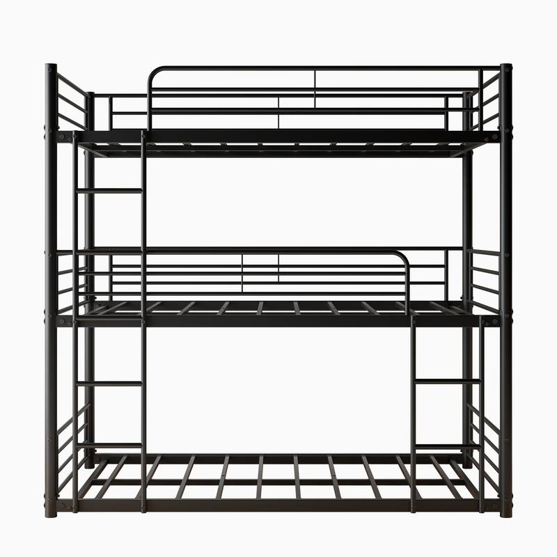Triple Twin Bunk Beds, Twin Over Twin Over Twin Metal Bunk Bed Platform Frame, Two Attached Ladders
