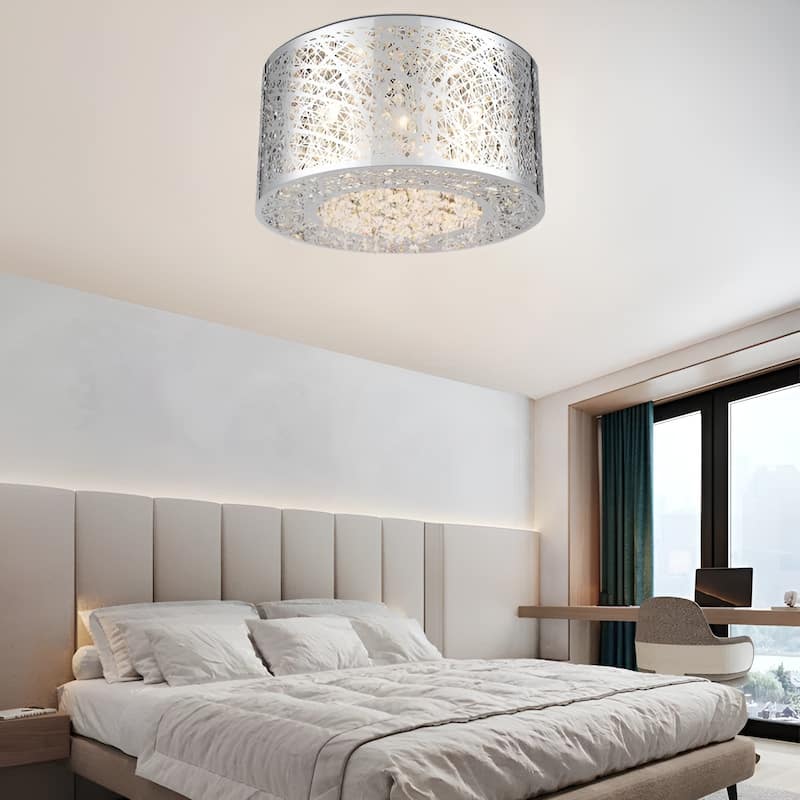 15.7" Wide Metal Flush Mount with Crystal Accent Bird Nest Modern Laser-Cut