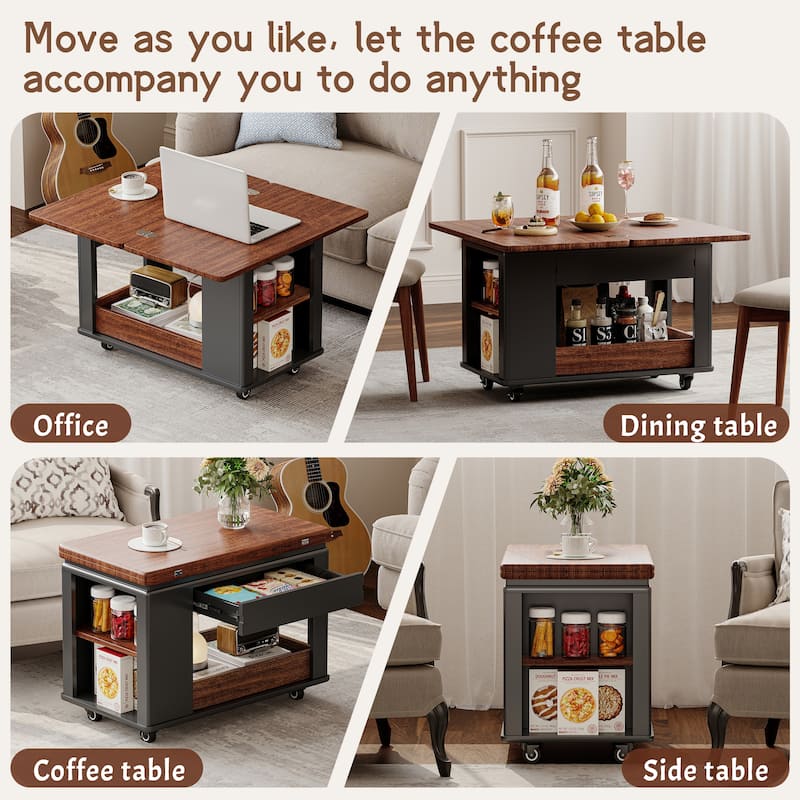 27.6" Modern Coffee Table with Foldable Top & Casters, Multi-Tier Storage Side Table for Living Room