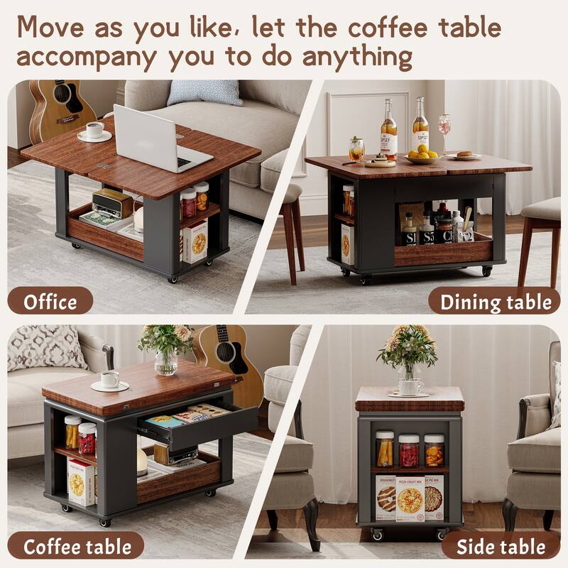 Roomfitters 27.6" Modern Multi-Function Coffee Table with Foldable Top, Rolling Casters & Multi-Tier Storage