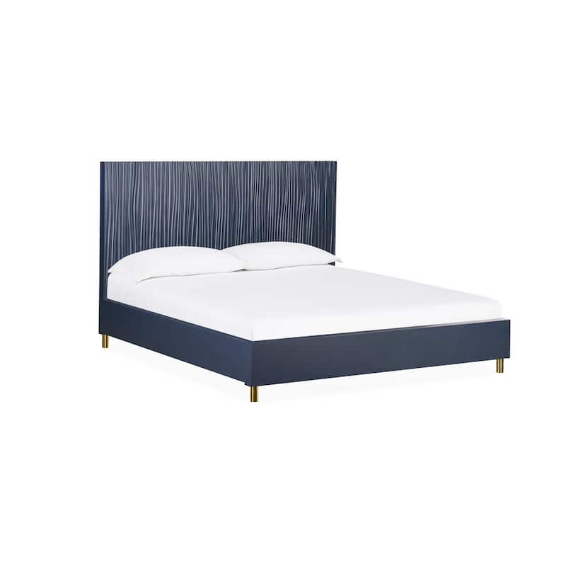 Herst Modern Queen Bed, Brass Metal Legs, Wavy Textured Navy Blue Headboard