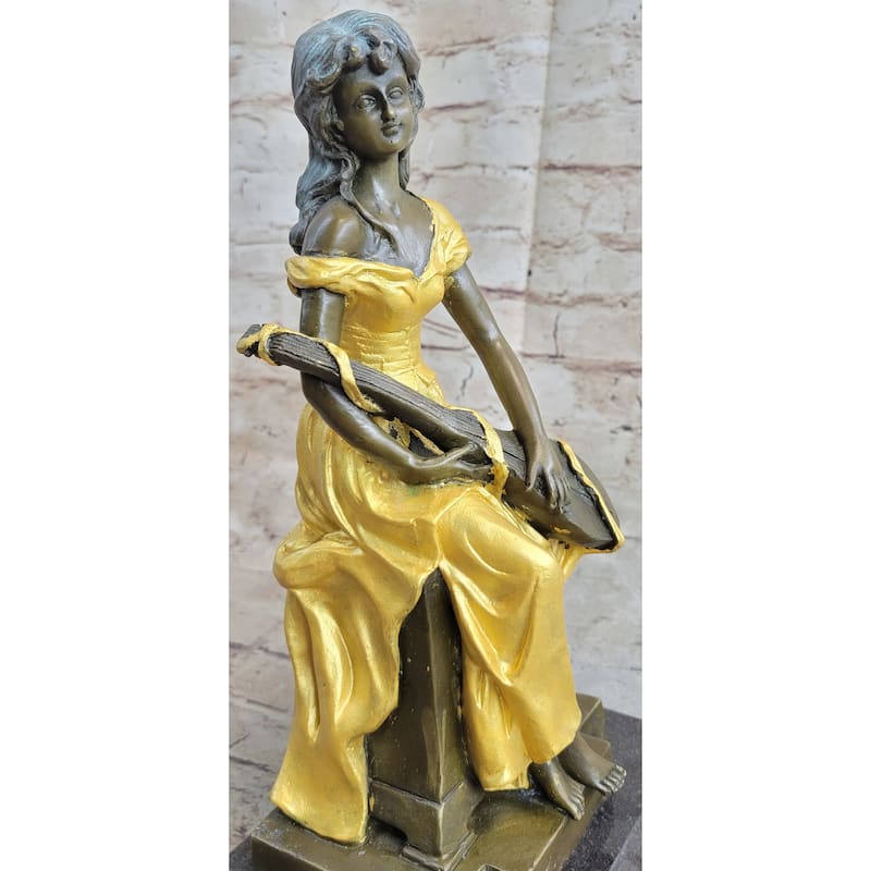 Vintage Banjo Playing Sitting Woman Sculpture Bronze Statue Figurine By Kossowski