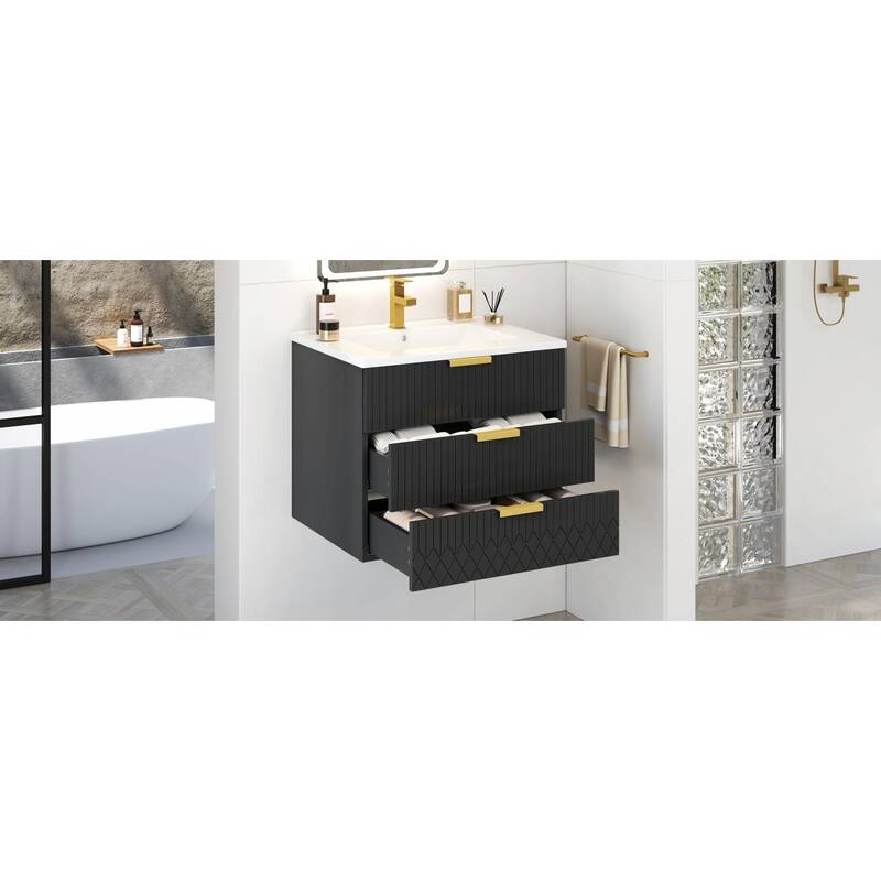 24-inch Wall-Mounted Floating Cabinet with Double Drawer, Rectangular Vanity Sink