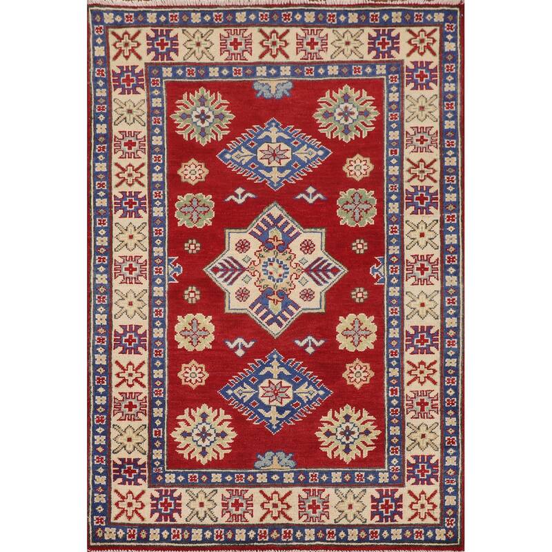 Red Geometric Kazak Oriental Foyer Rug Handmade Wool Carpet - 3'5" x 5'1"