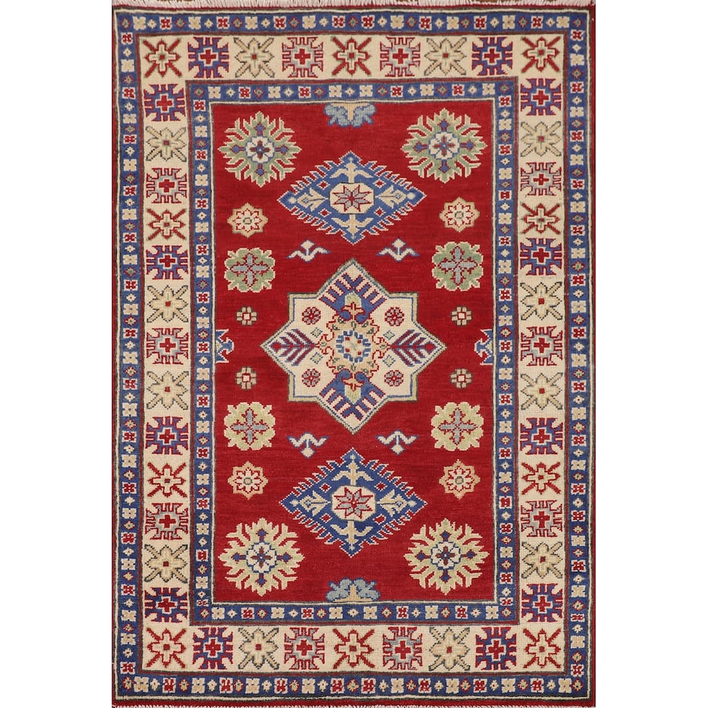 Red Geometric Kazak Oriental Foyer Rug Handmade Wool Carpet - 3'5" x 5'1"