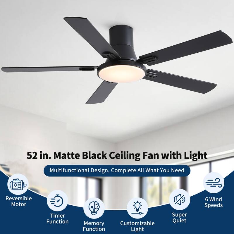 Sofucor 52 Inch Low Profile Flush Mount 5 Blades Ceiling Fan with Dimmable Light and Remote Control - 52 Inches