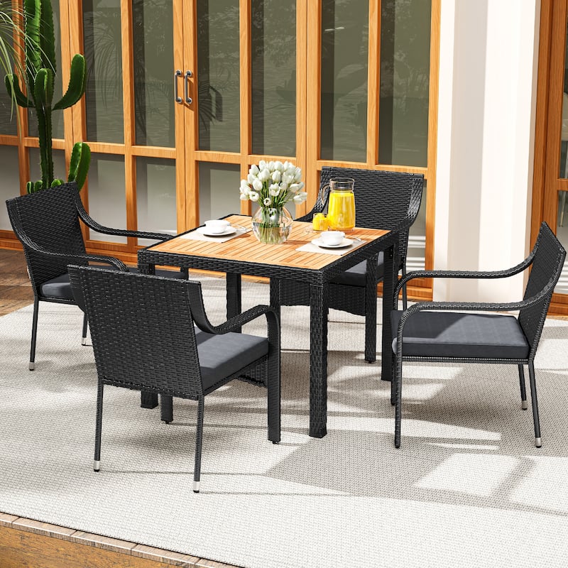 Moasis 5 PCS Outdoor Patio Dining Set Rattan Conversation Furniture Set Wooden Tabletop - 5 PCS