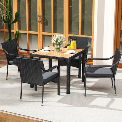 Moasis 5 PCS Outdoor Patio Dining Set Rattan Conversation Furniture Set Wooden Tabletop - 5 PCS