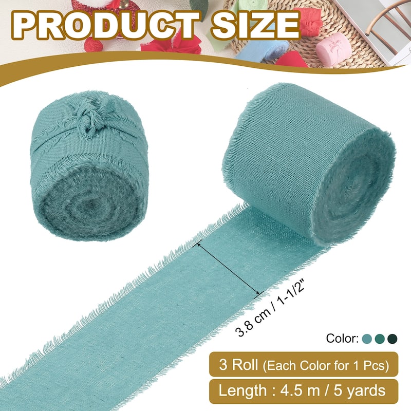 1-1/2"x15 Yd Handmade Fringe Cotton Ribbon Frayed Ribbons 3 Roll - 5Yd - Turquoise/Dark Green/Forest Green