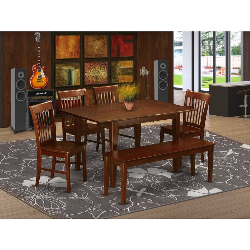 HomeStock 6-Piece Rectangle Mahogany Finish Solid Wood Top dining Table with 1-Bench and 4-Chairs