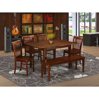 HomeStock 6-Piece Rectangle Mahogany Finish Solid Wood Top dining Table with 1-Bench and 4-Chairs