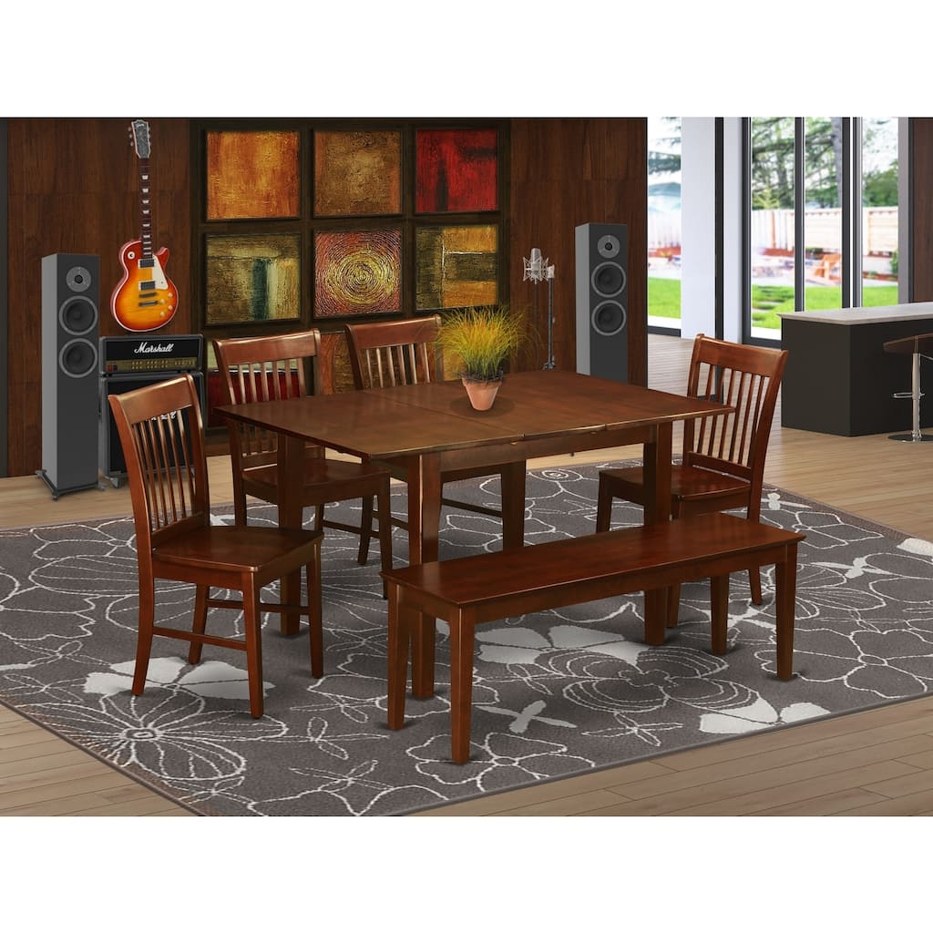 HomeStock 6-Piece Rectangle Mahogany Finish Solid Wood Top dining Table with 1-Bench and 4-Chairs