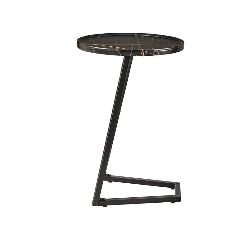 Addison Round Raised Lip Edge Angled Couch-Side Accent C-Table - Black Marble or Brown Walnut