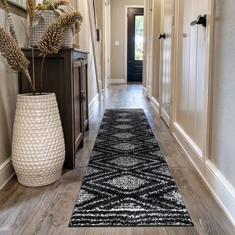 Geometric Shag Area Rug - Durable for Living Room, Bedroom - Polyester with Jute Backing - Anthracite Dark Gray and White - 2' 3" x 12'