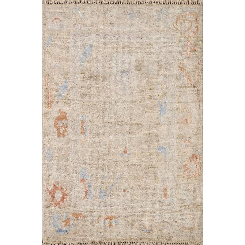 Hand Knotted Oriental 100% Wool Carpet Transitional Geometric Beige & Ivories Oushak Area Rug - 2' 11'' X 2' 0''