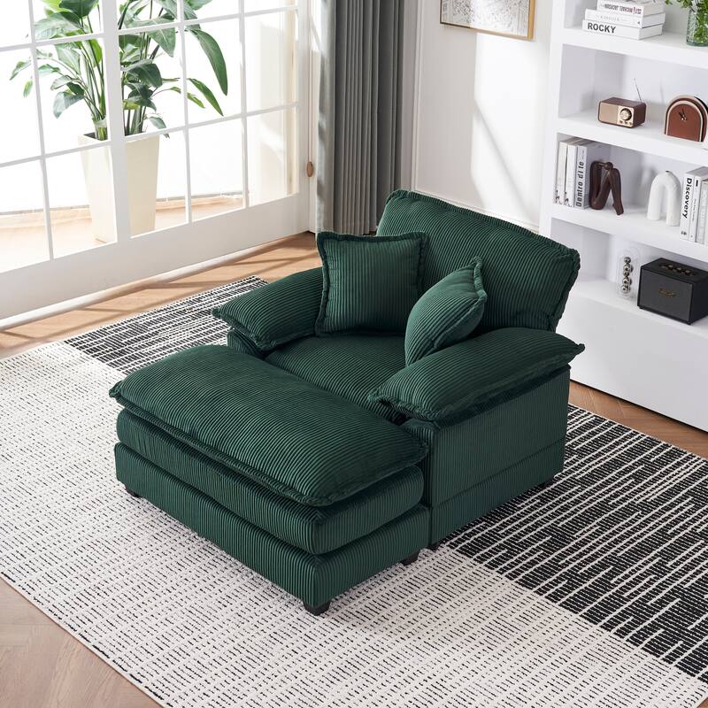 Deep Seat Accent Chair & Ottoman Set of 2, Reclining Sofa Chair, Corduroy Upholstered Chaise Lounge Couch with 2 Toss Pillows