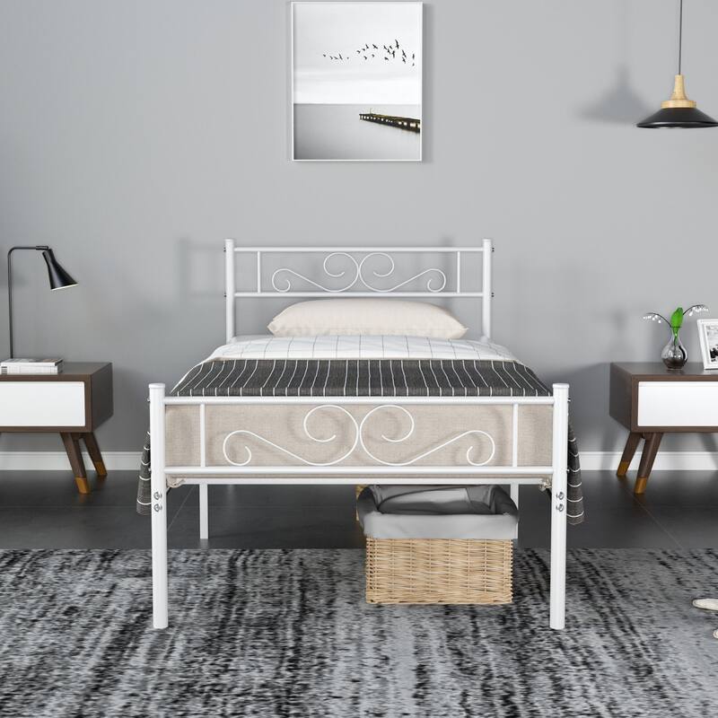 Javlergo Modern Metal Platform Bed Frame with Headboard and Footboard - White - Twin