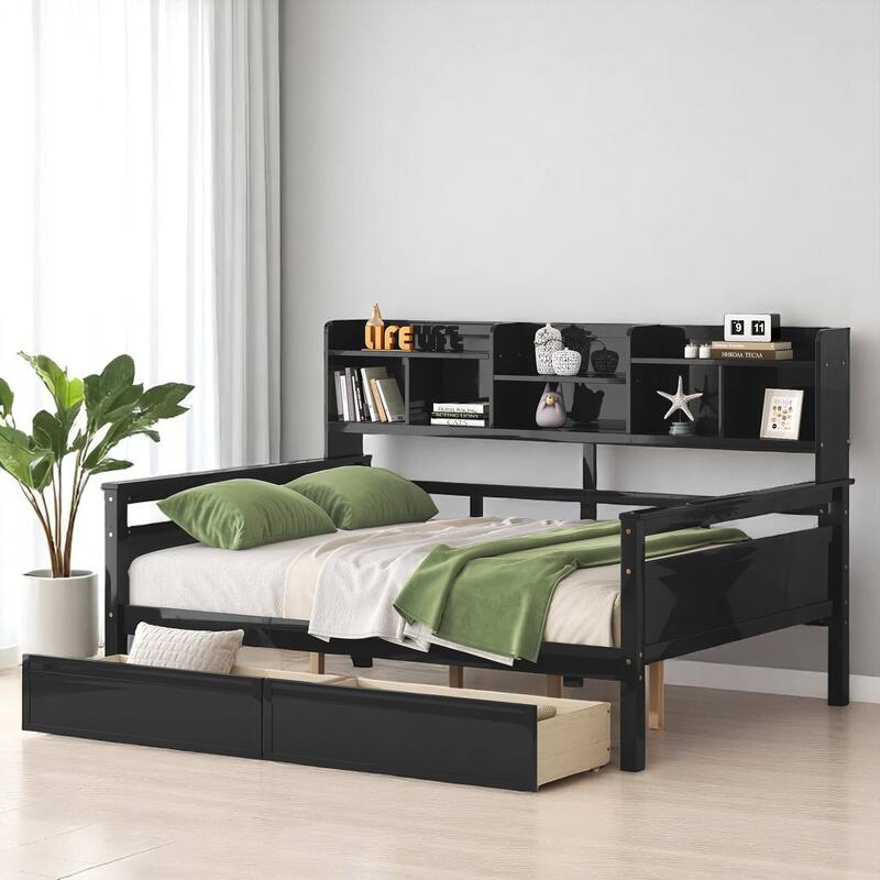 Wooden Twin/Full Daybed with 2 Storage Drawers and Bedside Shelves, No Box Spring Needed, Modern Design - Espresso - Full