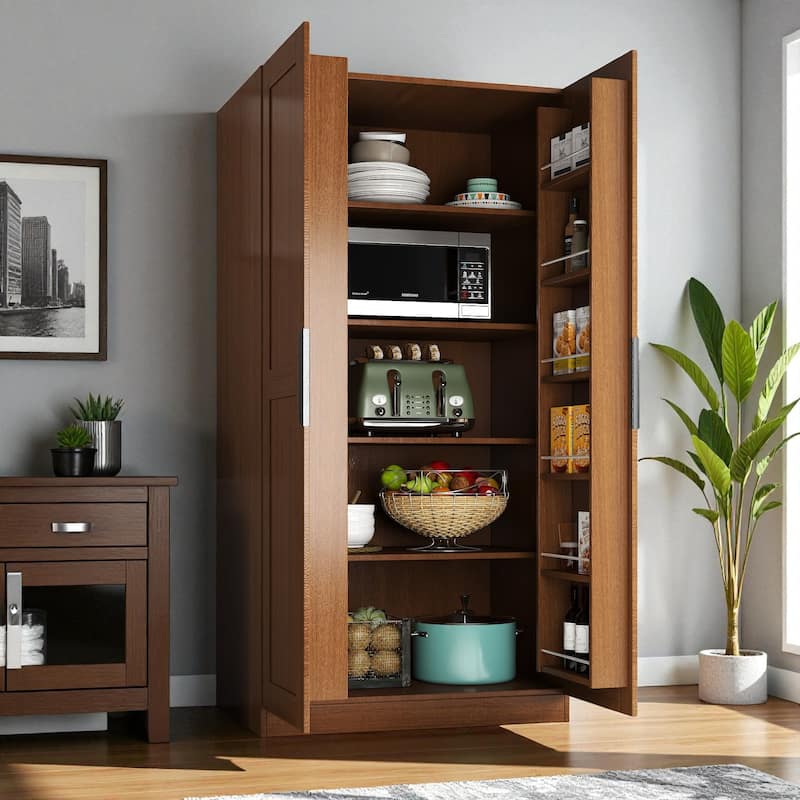63" Freestanding Kitchen Pantry Storage Cabinet with Adjustable Shelves and Doors, Modern Buffet Cupboard Sideboard