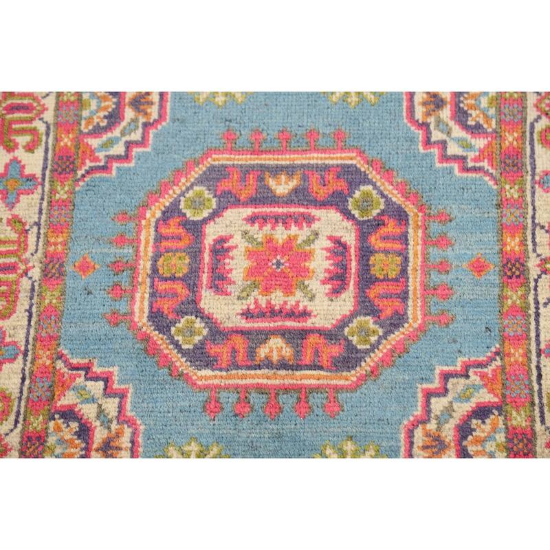 Light Blue Geometric Kazak Foyer Rug Traditional Handmade Wool Carpet - 2'0" x 3'0"