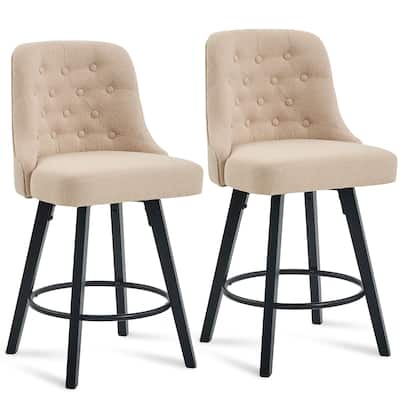 Set of 2 Modern Counter Stools, 26" Swivel Bar Stools with Linen Upholstery & Wooden Legs - 360°Rotation