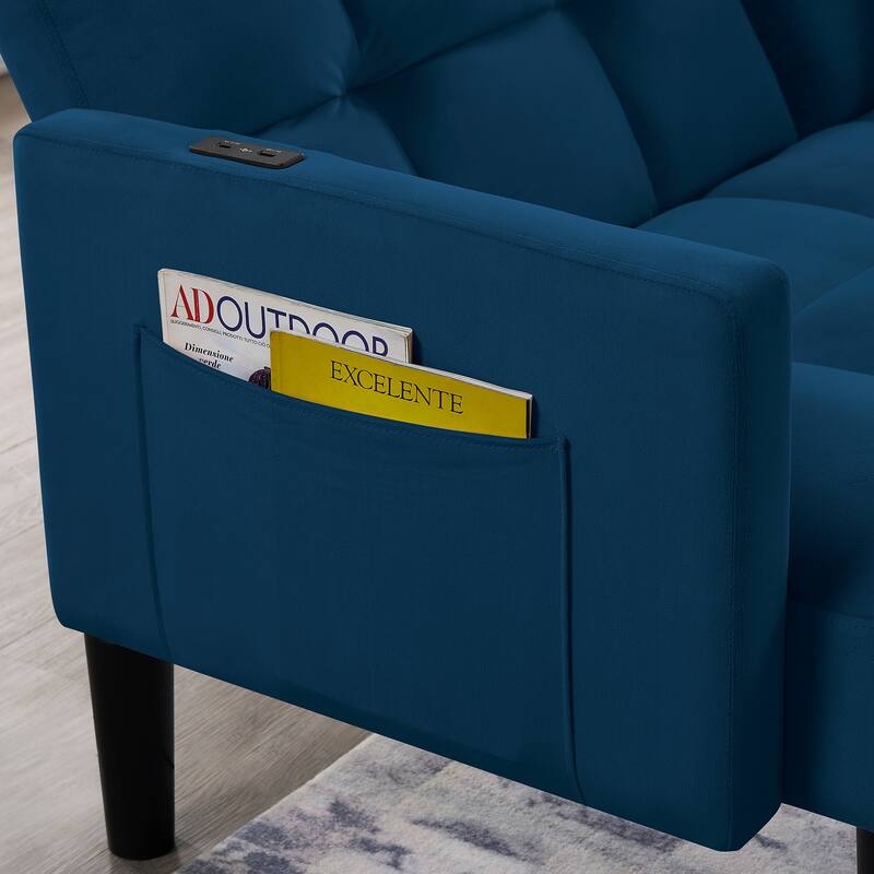 Versatile Adjustable Futon Couch Convertible Velvet Sleeper Sofa Bed with USB, Side Pockets, Chevron Tufting and Tapered Legs