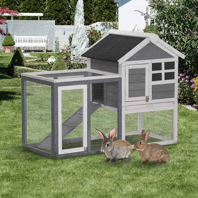 PawHut 48" Wooden Rabbit Hutch Bunny Cage with Waterproof Asphalt Roof, Fun Outdoor Run, Removable Tray and Ramp - Grey