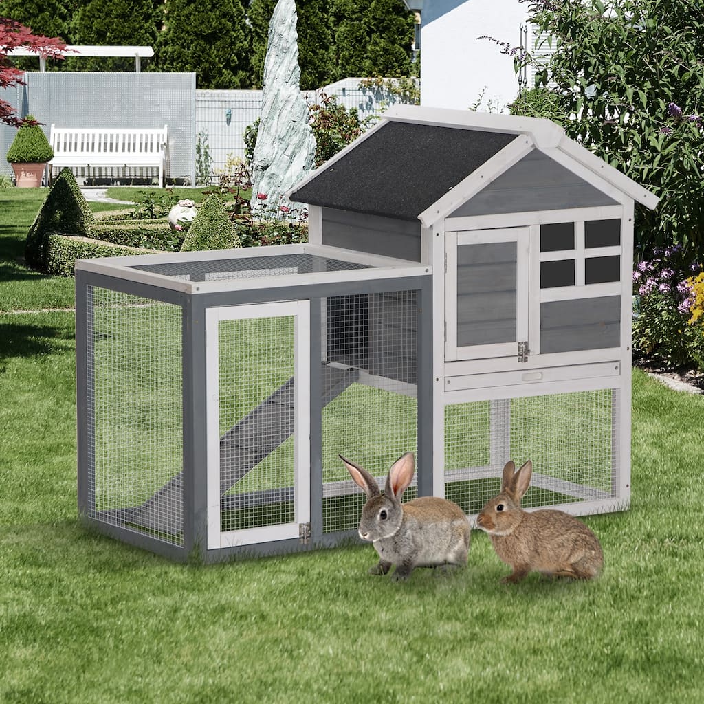 PawHut 48" Wooden Rabbit Hutch Bunny Cage with Waterproof Asphalt Roof, Fun Outdoor Run, Removable Tray and Ramp