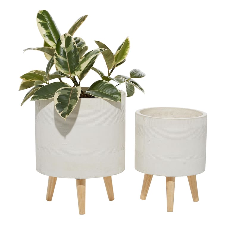 Magnesium Oxide Indoor Outdoor Planter with Wood Tripod Legs - Set of 2 White or Dark Gray - Roche River Decor - White