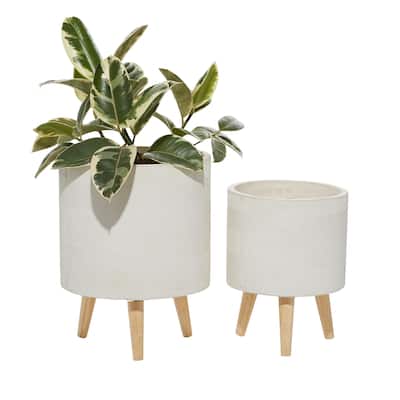 Magnesium Oxide Indoor Outdoor Planter with Wood Tripod Legs - Set of 2 White or Dark Gray - Roche River Decor