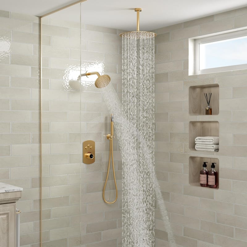 Pressure Balanced 3-Spray Patterns 2.5 GPM 12 in. Dual Shower Head Ceiling Mount Fixed and Handheld Shower Head - 12" x 12"