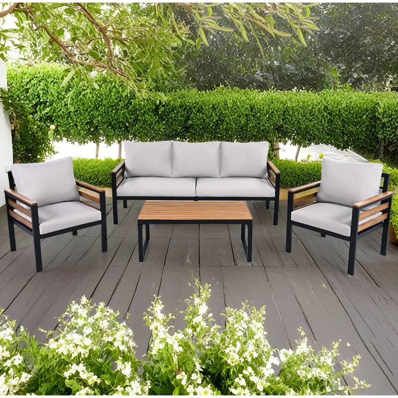 4-Piece Outdoor Iron Cnversation Sofa Set with Solid Wood Coffee Table and Removable Cushion - Beige
