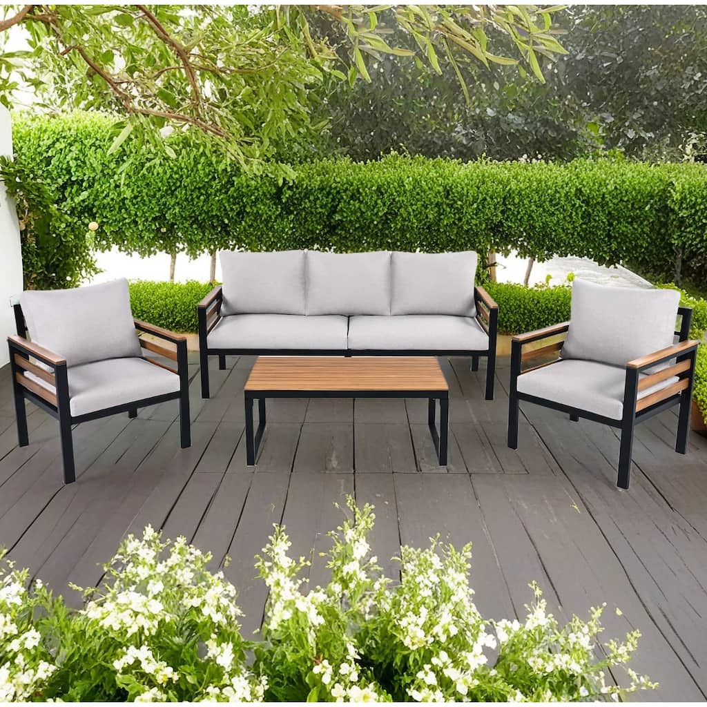 4-Piece Outdoor Iron Cnversation Sofa Set with Solid Wood Coffee Table and Removable Cushion