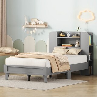 Grey Platform Bed, Bookshelf Headboard, Space-Saving Design, Sturdy Construction