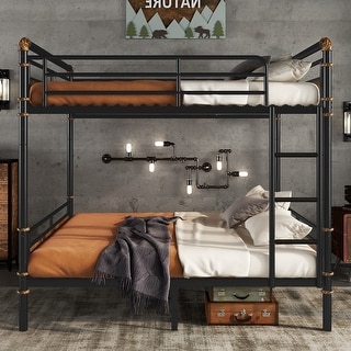 Queen Over Queen Metal Bunk Bed with Ladder & Safety Guardrails for Teens Bedroom, Heavy Duty Bunkbeds Detachable Design, Black