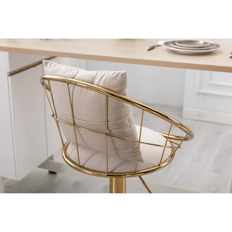 Velvet Bar Chair, Pure Gold Plated, 360 Degree Rotation, Adjustable Height, For Dinning Room And Bar, Set Of 2