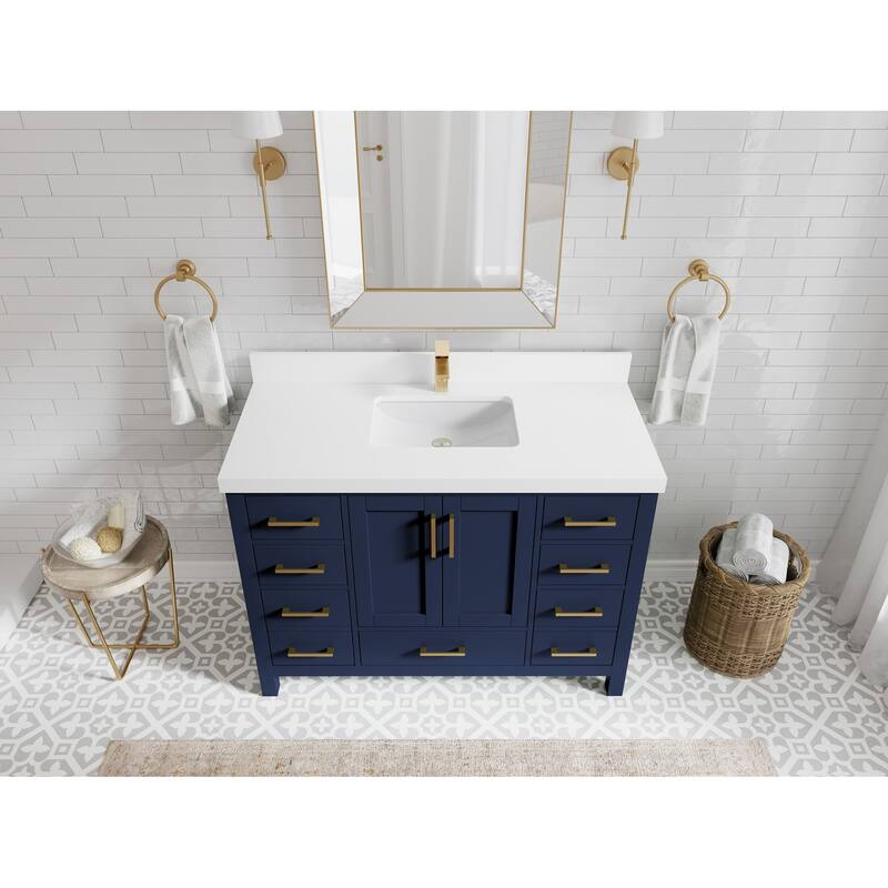 Willow Collection 48 in. W x 22 in. D Malibu Single Sink Bathroom Vanity with Countertop - 2" White Quartz - Navy Blue