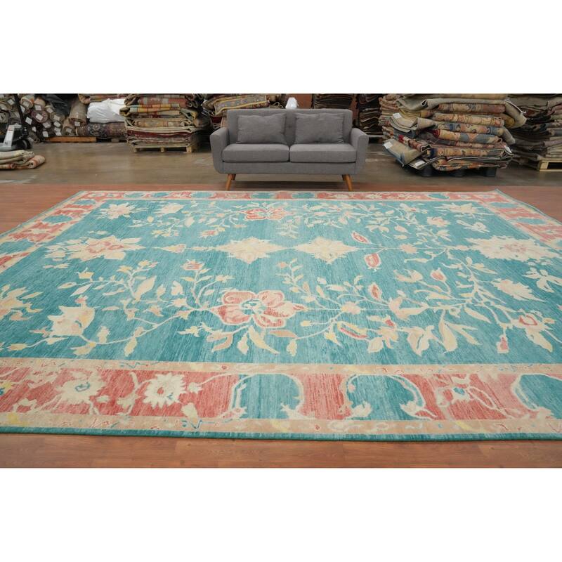 Hand Knotted Oriental 100% Wool Carpet Transitional Floral Navy Blue & Blues Oushak Area Rug - 15' 2'' X 12' 0''