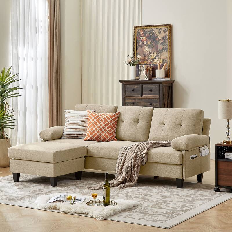 86.22" Wide Sectional Sofa with Ottoman & Side Storage Bags - Beige