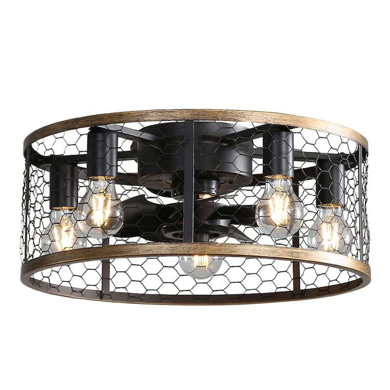 20 Inch Caged Ceiling Fan with LED Light and Remote Control, Indoor Flush Mount Ceiling Fan Light with Reversible Blades