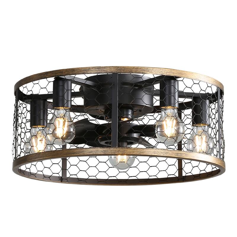 20 Inch Industrial Caged Ceiling Fan, With 7-ABS Blades Remote Control Reversible DC Motor, Small Flush Mount Ceiling Fan - Black