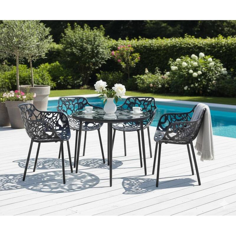 Devon 5-Piece Aluminum Dining Set with Tempered Glass Top Patio Dining Table and 4 Stackable Floral Cut Out Design Chairs