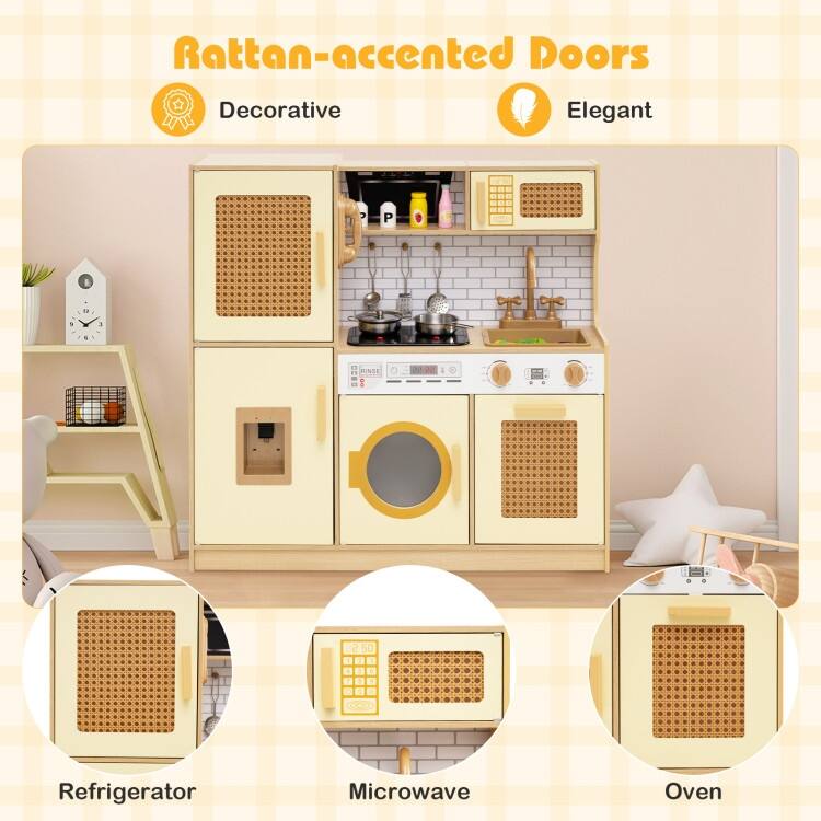 MDF Rattan Kids Play Kitchen with Lights, Sounds and Accessories - 33" × 10" × 31.5"