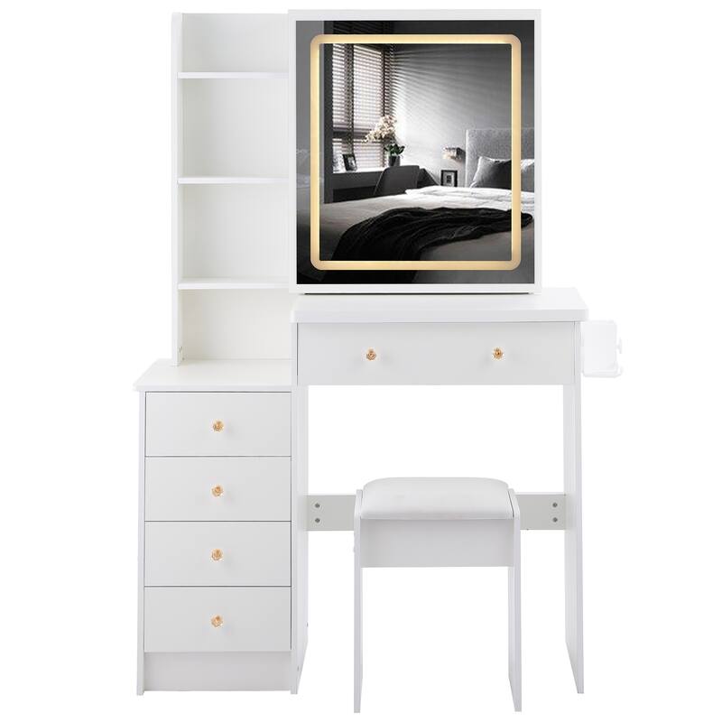 Vanity Table with Control LED Sliding Mirror, Dressing Table Set with USB Power Station, Makeup Stool with Hair Dryer Stand
